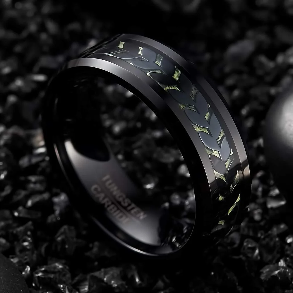 6MM 8MM Unisex Leaves and Carbon Fiber Inlay Black and Green Tungsten Matching Carbide Rings Men Women Couple