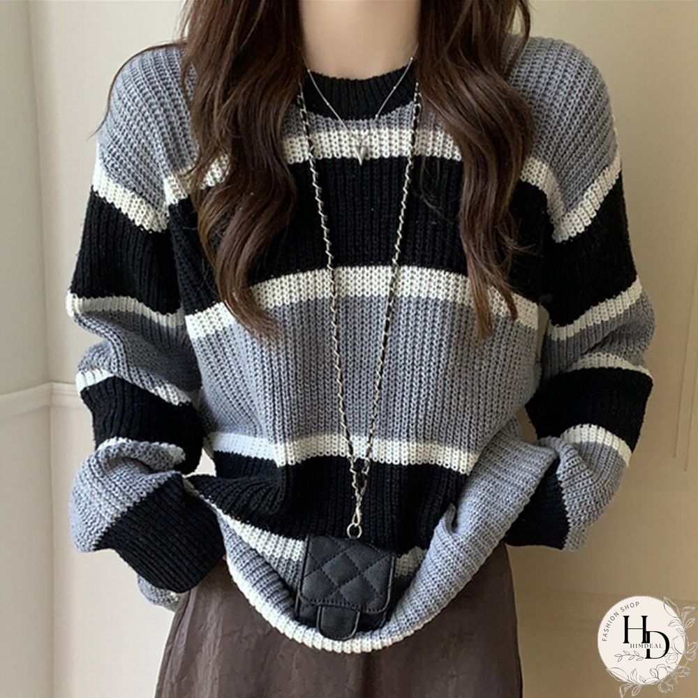 Retro elegant stripe knit sweater women causal loose long sleeves female pullovers Korean