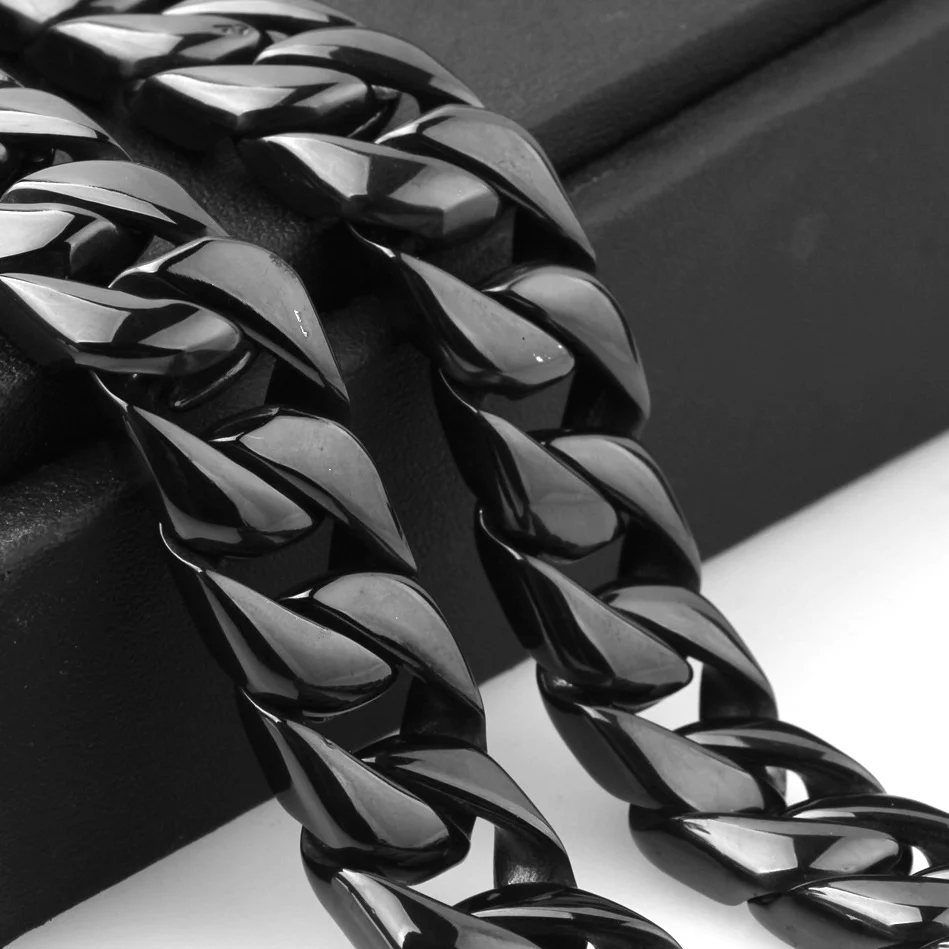 Chunky Mens Black Necklace 60mm Length Titanium Stainless Steel Curb Cuban Link Miami Chain Heavy Mens Choker