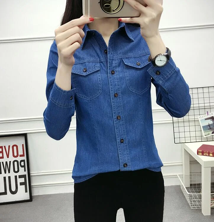 Graduation Gifts Long Sleeve Blouse Femme Plus Size Denim Shirt Women Pockets Blue Basic Ladies Tops Cotton Camisa Jeans Feminina Vintage Blusa