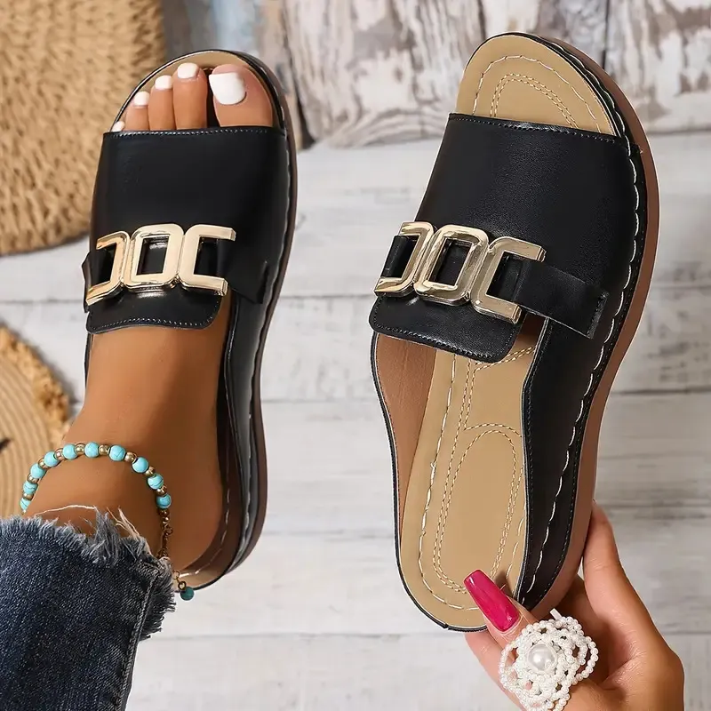 Breakj Breakj And Thick-Bottomed Slippers Women 2025 New Large-Size Casual Fashion Simple Metal Buckle Fish Mouth Sandals
