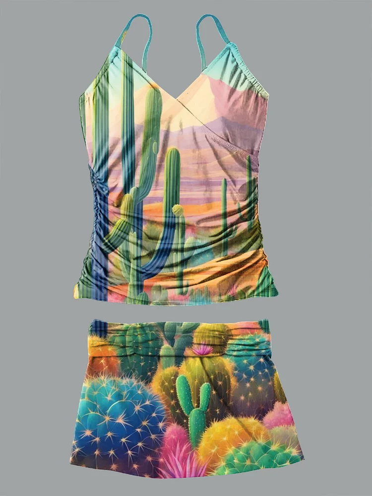 Cactus Print V-Neck Bikini Swimsuit
