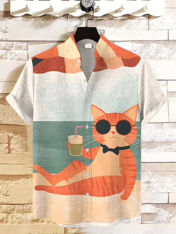 Men's Cat On Vacation At The Beach Art Print Casual Shirt