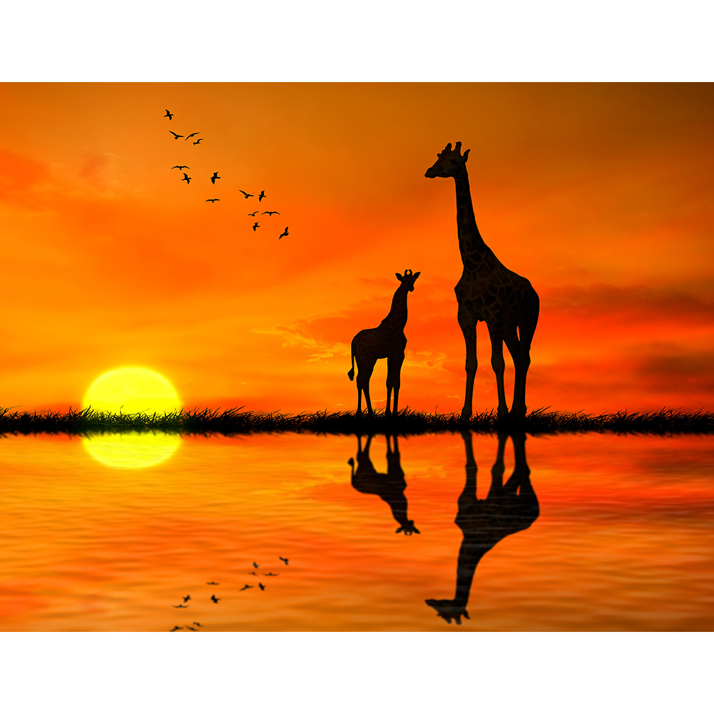 

40*30CM - Round Drill Diamond Painting - Sunset Giraffe, 501 Original