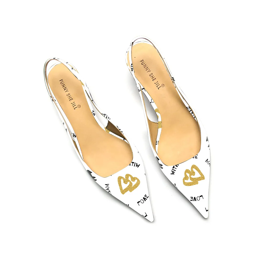 Women's White Heart Pattern Patent Leather Pointed Toe Elegant Kitten Heel 