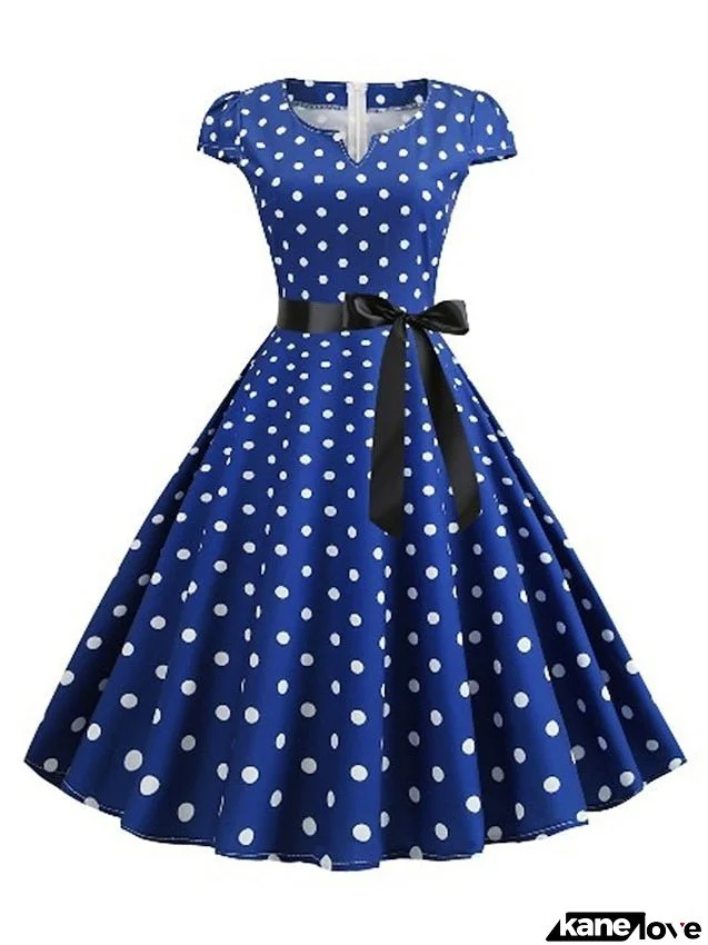 Elegant Retro Vintage Dress Midi Dress Party Outdoor Print Polka Dot V Neck Short Sleeve Regular Fit Summer Spring Light Blue Black S M L XL for Women