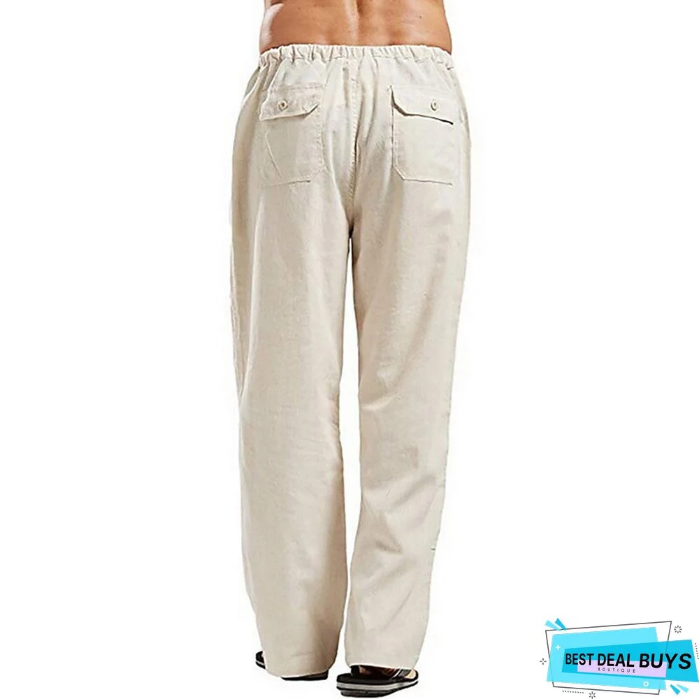 Men's Linen Pants Trousers Summer Pants Beach Pants Wide Leg Plain Breathable Full Length Work Daily Beach Linen / Cotton Blend Fashion Casual Loose Fit Black White