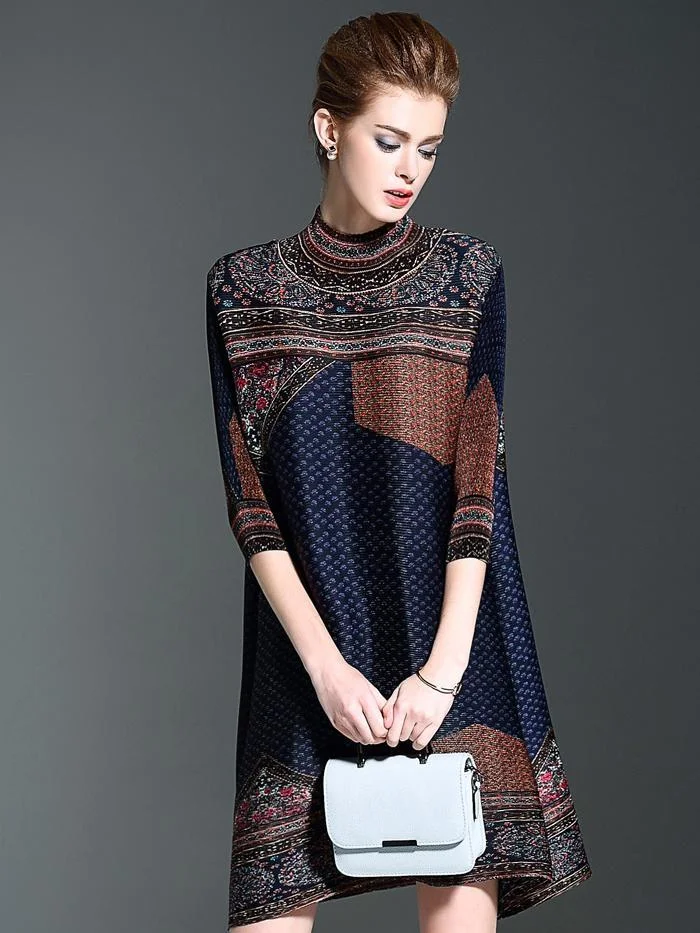 Fashion printed three-quarter sleeve loose stretch pleated dress