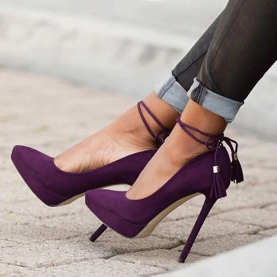 Women's Purple Stiletto Heels Pointy Toe Fringes Ankle Strap Pumps |FSJ Shoes