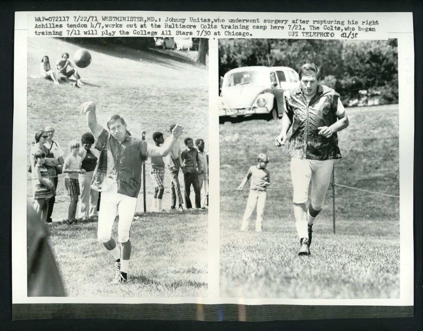 Johnny Unitas works out Baltimore Colts camp Westminster MD 1971 Press Photo Poster painting