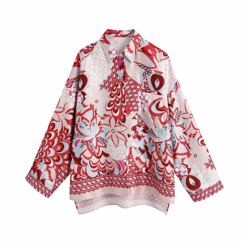 Vintage Chic Peahen Print Women Sets 2021za Summer Fashion Ladies Loose Satin Boho Suits Girls Chic Shirts Sets
