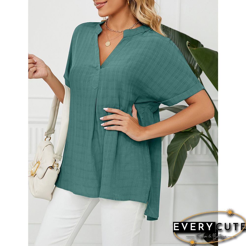 Green V Neckline Woven Pullover Tops