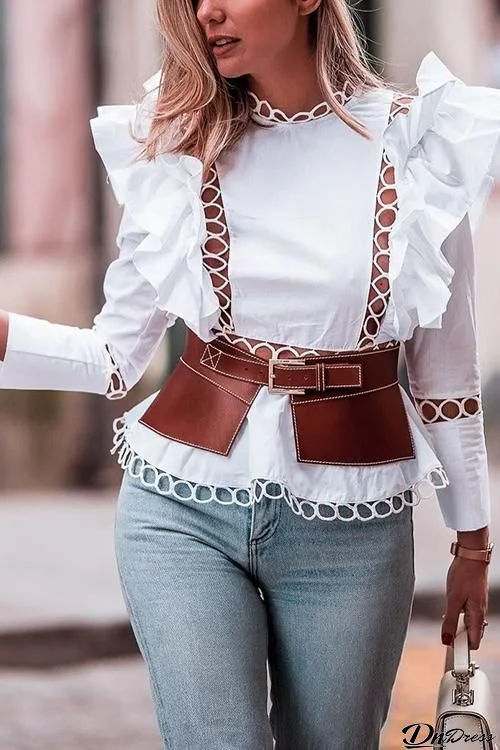 Ruffles Hollow Long Sleeve Shirt