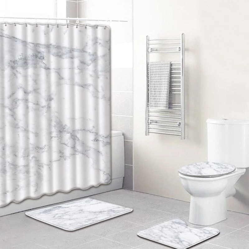 4Pcs Marble Texture Shower Curtain Non-slip Blue Bath Mat Toilet Pad Set Polyester Fabric Curtain For Bathroom Flannel Bath Mat