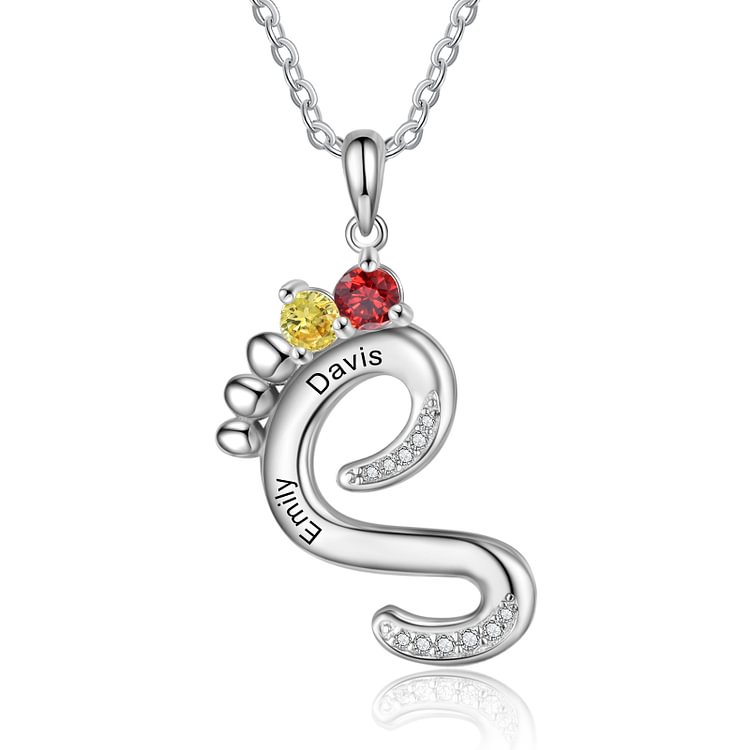 Collar 2 nombres de pie de bebé Personalizado con 2 piedras de nacimiento huella