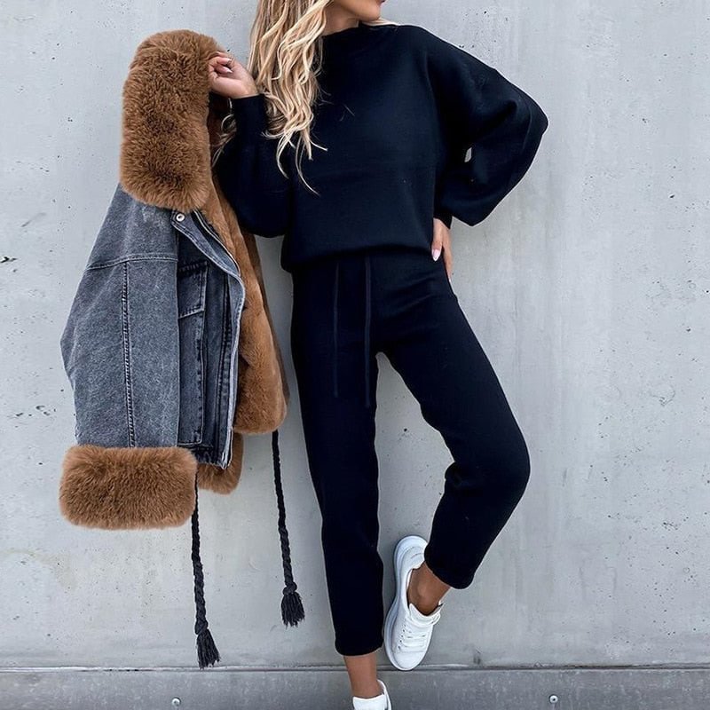 2021 autumn and winter women's sweater suit new high-neck casual solid color trousers pocket two-piece suit