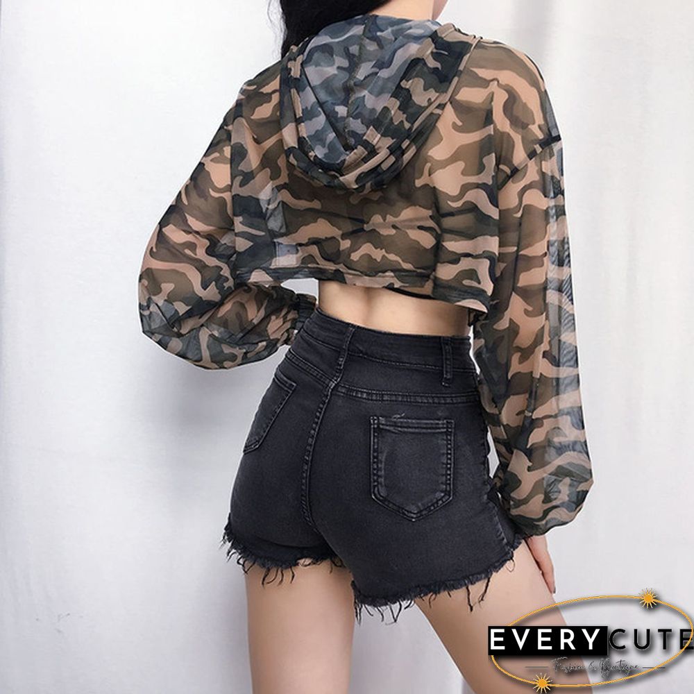 Women Long Sleeve Black Bustier Crop Top Mesh Harajuku Hiphop Loose Leopard Hoodie Sweatshirt Clubwear Tie Dye Top