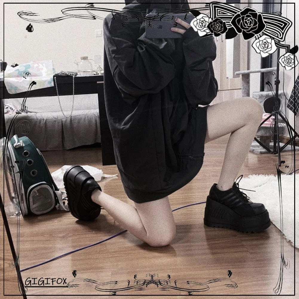 Brand New Punk Street Fashion Black Gothic Style Girls Cosplay Platform High Heels Sneakers Wedges Shoes Woman Pumps Big Size 43