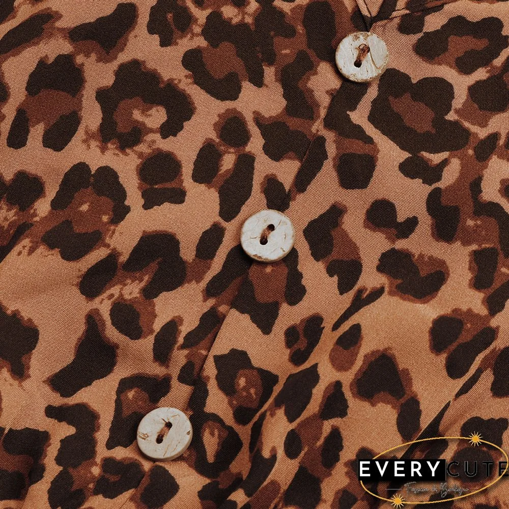 Khaki Leopard Print Tie Waist Flared Long Sleeve Dress