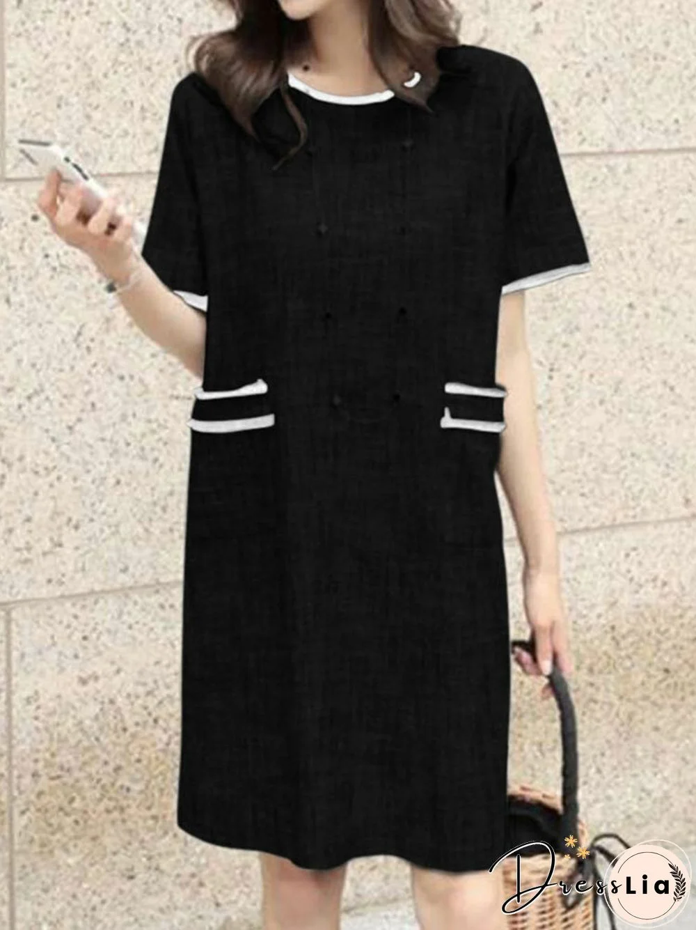 Contrast Color Pocket Short Sleeve Midi Casual Dress