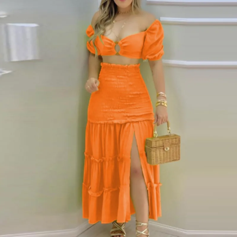 Uveng Uveng 2024 New Women's One-Line Shoulder Print Split Skirt Two-Piece Set 661