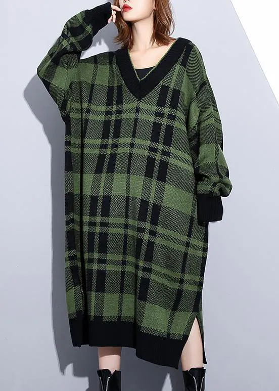Women green plaid Cotton Long Shirts side open daily v neck Dress