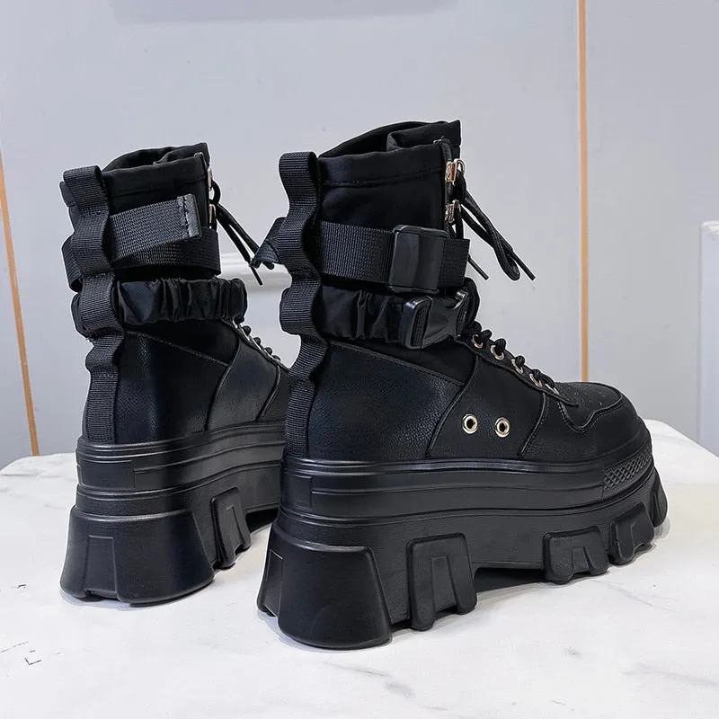 Green Punk Chunky Platform Motorcycle Boots Women Autumn Winter Gothic Shoes Woman Thick Bottom Lace Up Ankle Botas Mujer