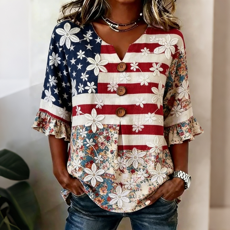  Women's Vintage Floral Flag Patchwork Art Print Tops Westsshops