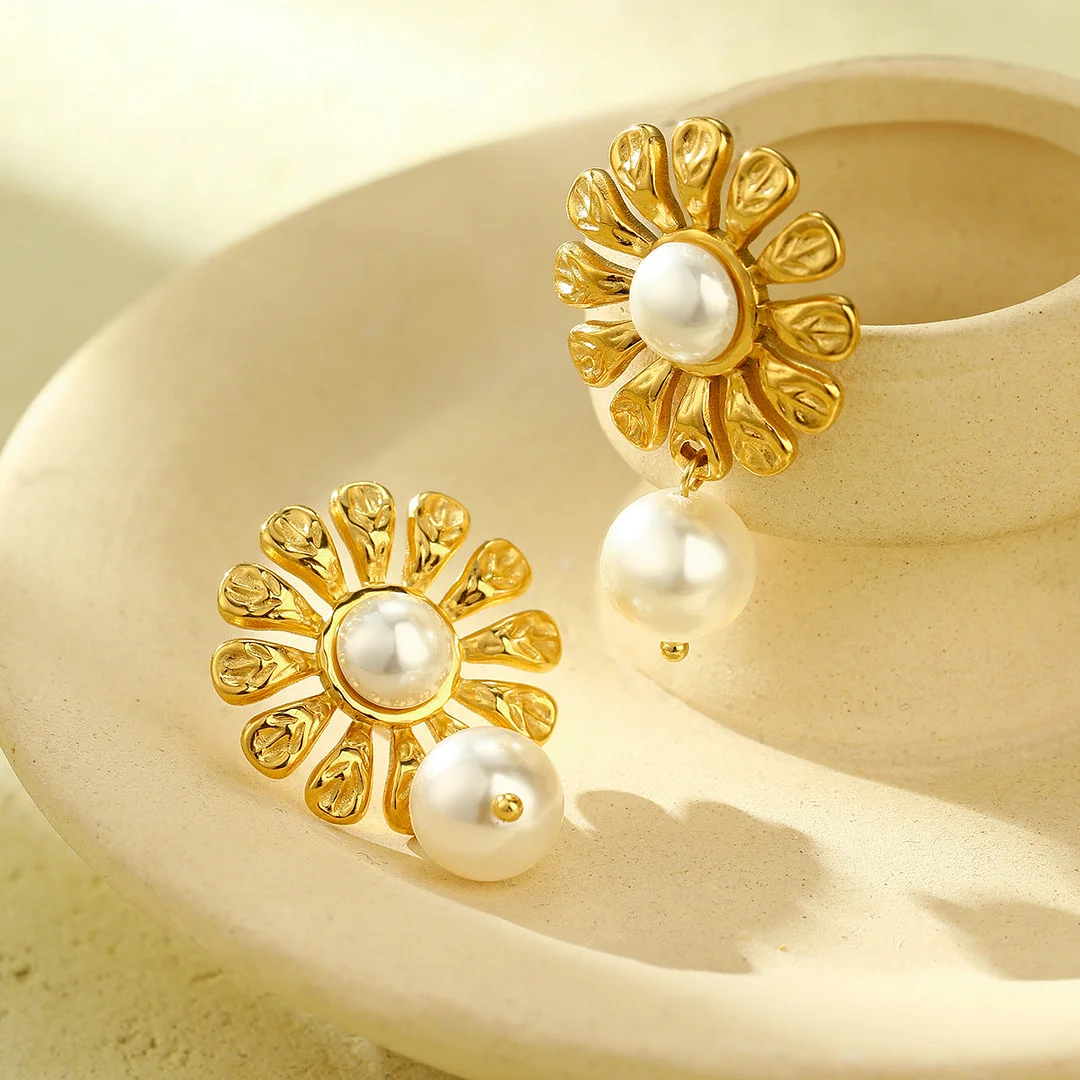 Pearl Flower Titanium Steel Earrings For Women Fashion No Fading Stainless Steel Earrings