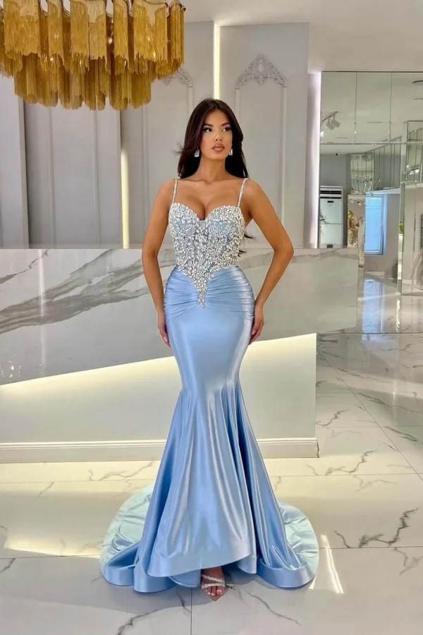 Elegant Spaghetti-Straps Sky Blue Rhinestone Pleated Sleeveless Mermaid Prom Dress YK0109