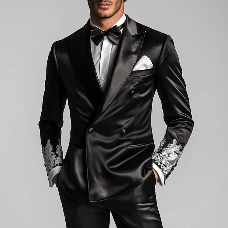 Okaywear Silk Peaked Lapel Double Breasted Lace Cuff Blazer Okaywear