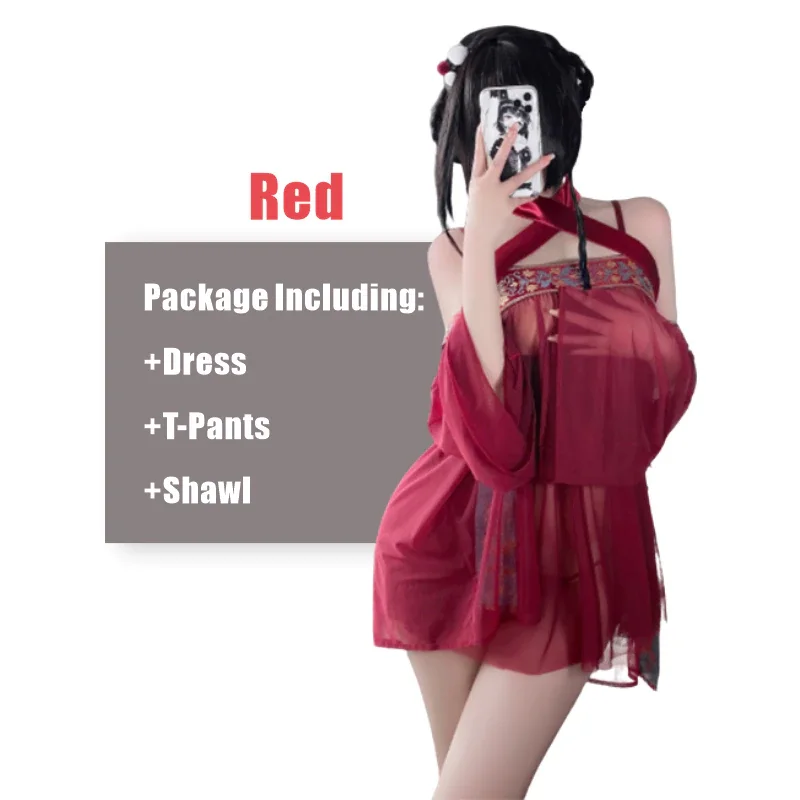 Billionm Chinese Traditional Costumes Sexy Lingerie Mesh Nightgowns Chiffon Women Classical Embroidery Nightdress Adult Outfit Sets
