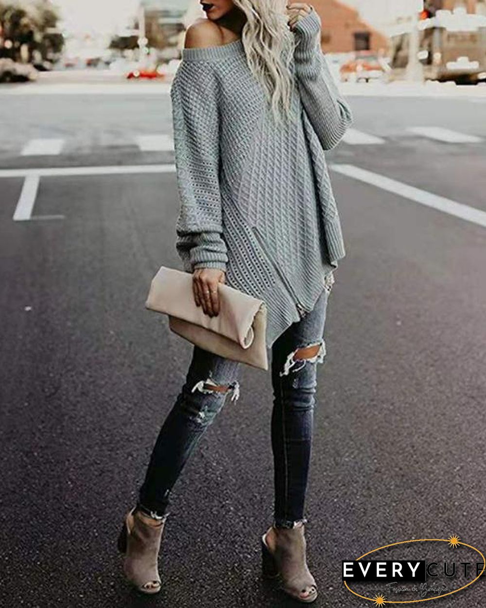 Solid Zipper Side Slit Batwing Sleeve Knit Sweater