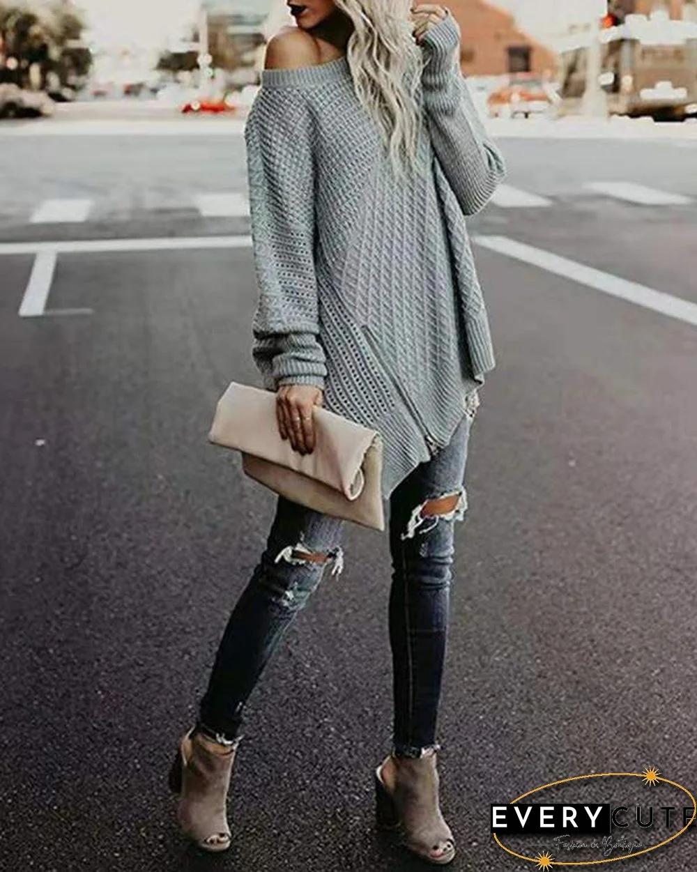 Solid Zipper Side Slit Batwing Sleeve Knit Sweater