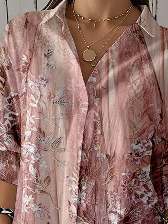 Women 3/4 Sleeve Shirt Collar Floral Printed Graphic Button Tops