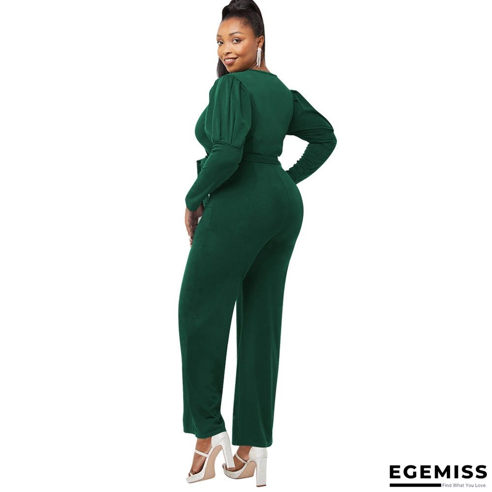 Autumn and Winter Solid Color V-neck Bubble Sleeve Personalized Casual Wide Leg Jumpsuit | EGEMISS