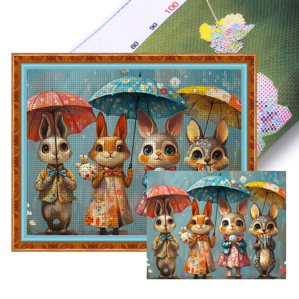 Rabbit With Umbrella Full 11CT Pre-stamped Canvas(60*50cm) Cross Stitch