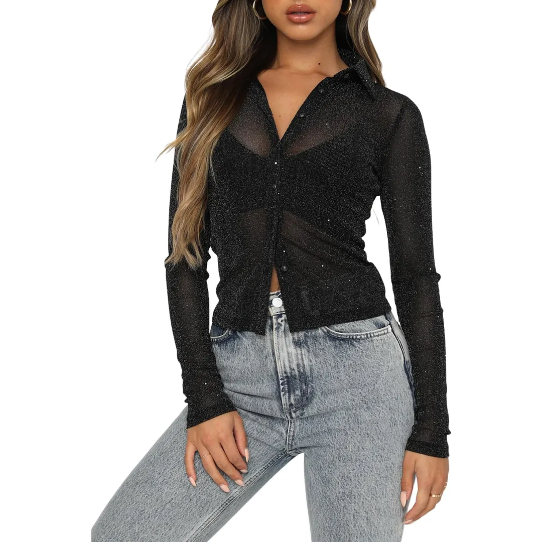 wsevypo Women See-Through Shirts Solid Color Turn-Down Collar Long Sleeve Button Down Tops Casual Autumn New Slim Shirts