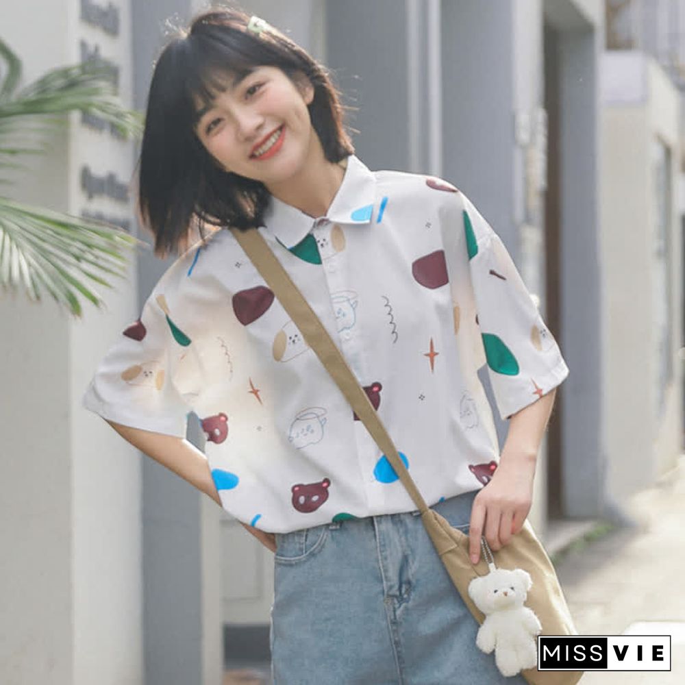 Cartoon Bear Print Lapel Casual T-Shirt