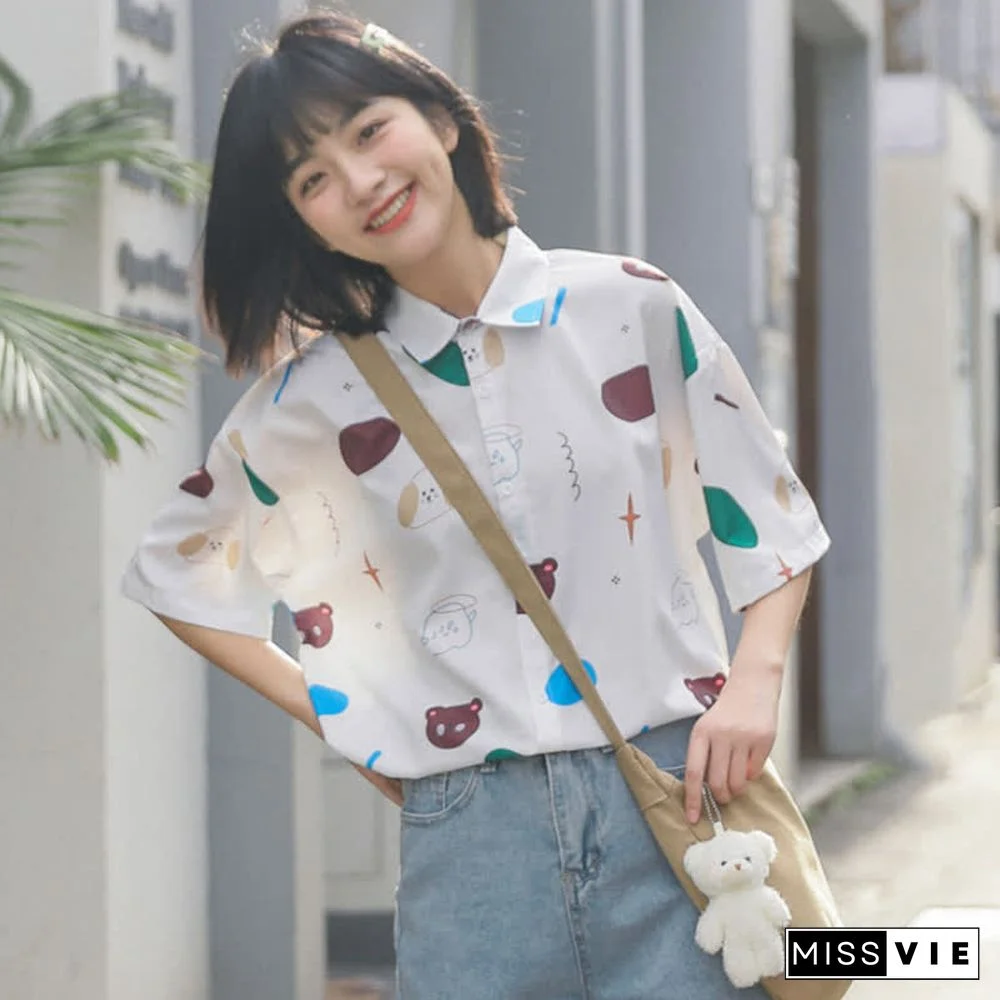 Cartoon Bear Print Lapel Casual T-Shirt