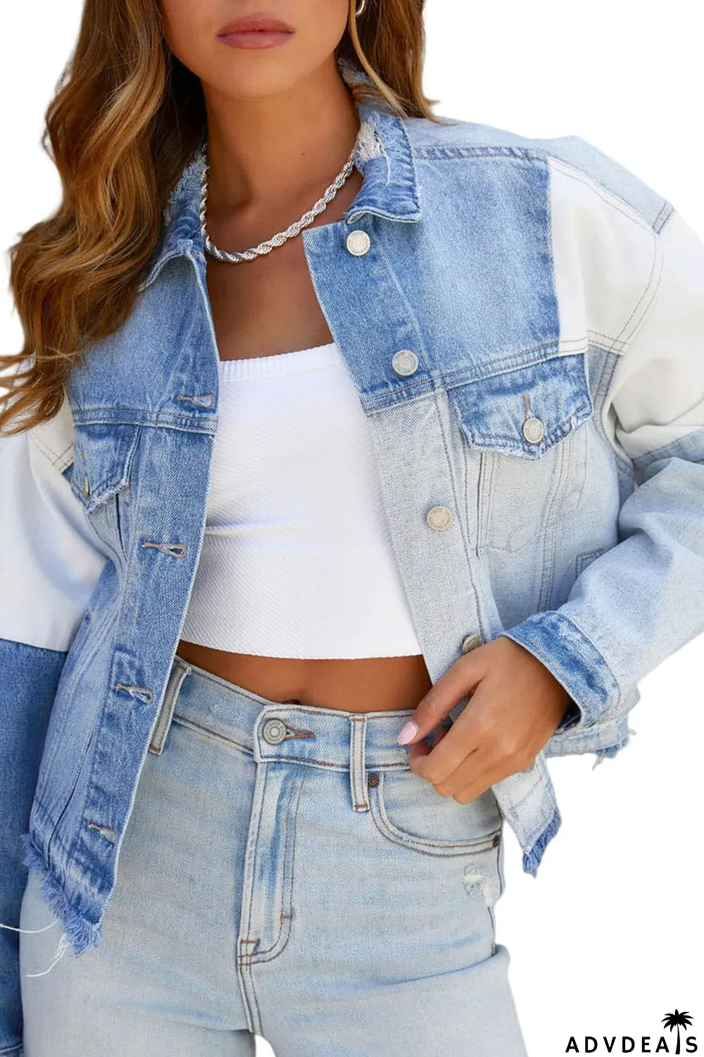 Sky Blue Color Block Denim Patchwork Frayed Hem Jacket