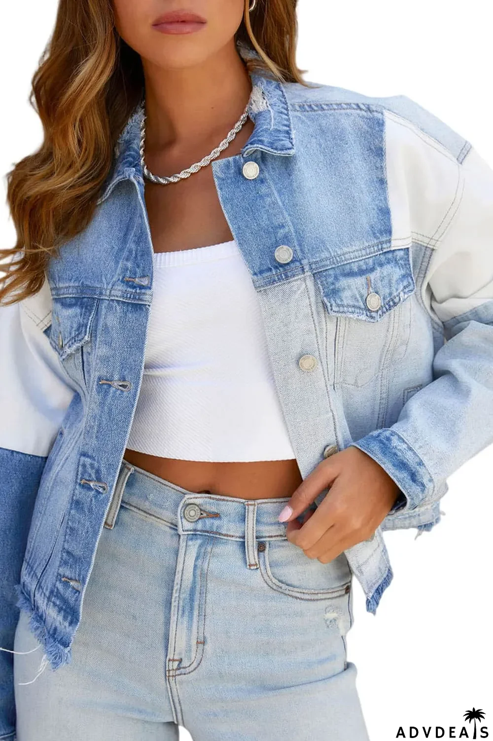 Sky Blue Color Block Denim Patchwork Frayed Hem Jacket