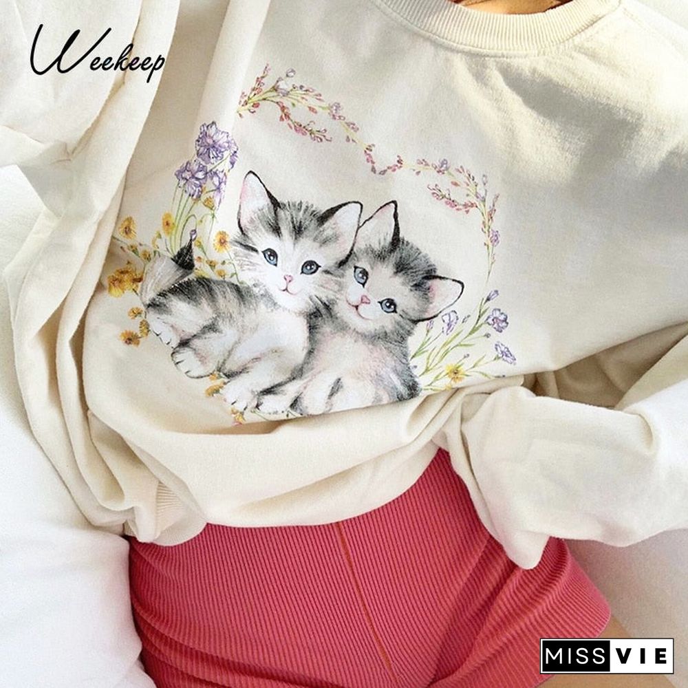 Weekeep Casual Oversized Sweatshirts Women Cute Cat Print Pullover Autumn Long Sleeve Loose Harajuku Streetwear Korean Aesthetic