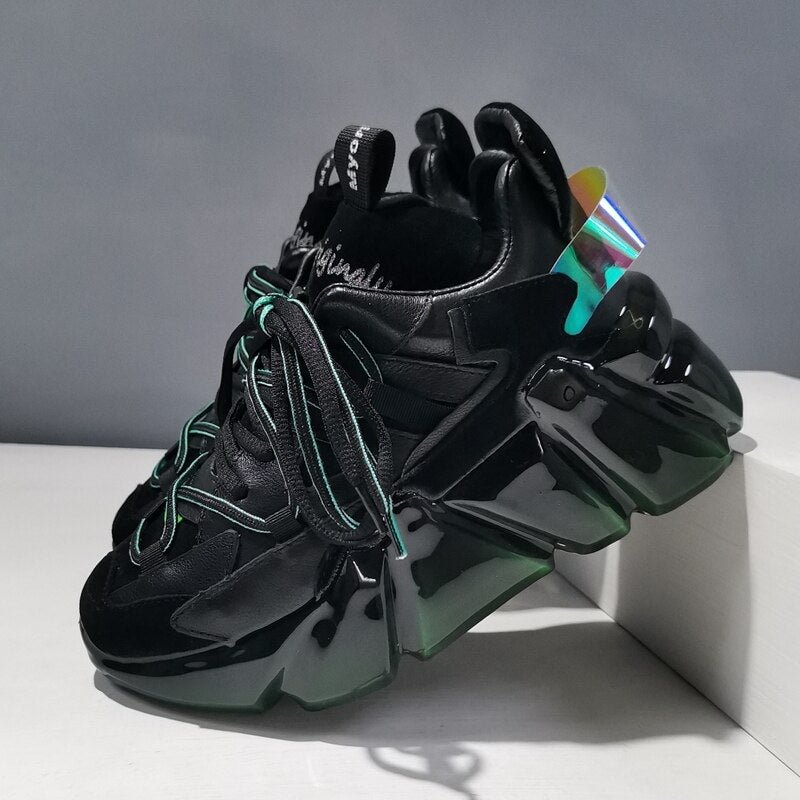Women Sneakers Lace-Up Mixed Colors Leather Crystal Jelly Thick Bottom Zapatillas Mujer Round Toe Cool Flat Platform Women Shoes