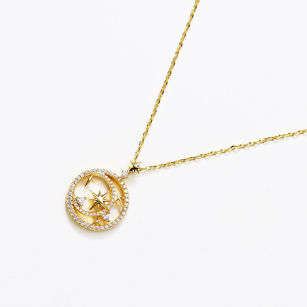 Light Your Path Moon and Stars Pendant 14K Gold Necklace