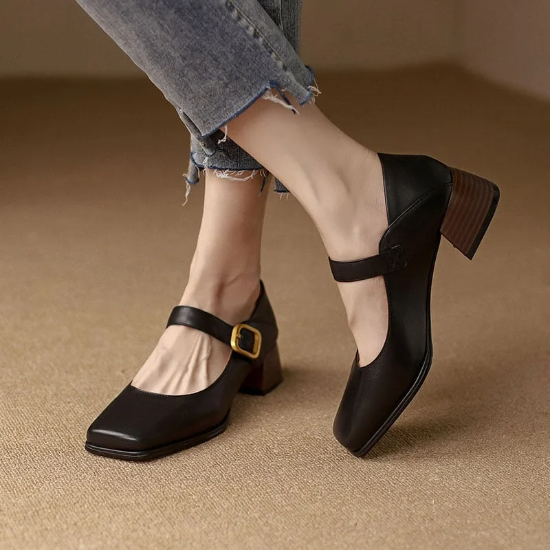 Madra Square Toe Block Heels Mary Jane Shoes