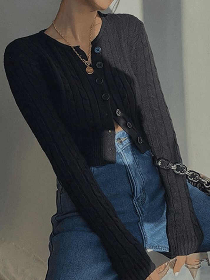 Brownm Cropped Button Cable Knit Cardigan