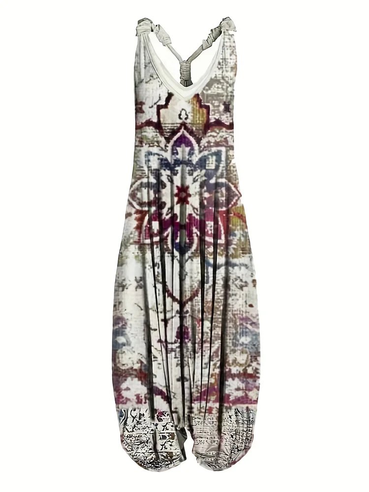 Chic Floral Harem Jumpsuit - V-Neck, Sleeveless, Comfort Fit - Perfect For Spring & Summer Leisure