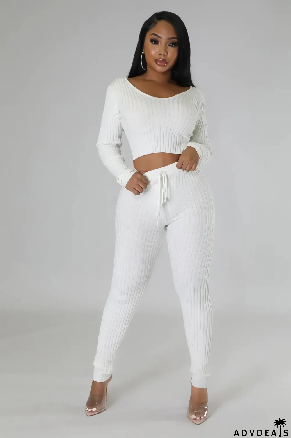 Women's Solid Color Sexy Ribbed V-Neck Two Piece Set