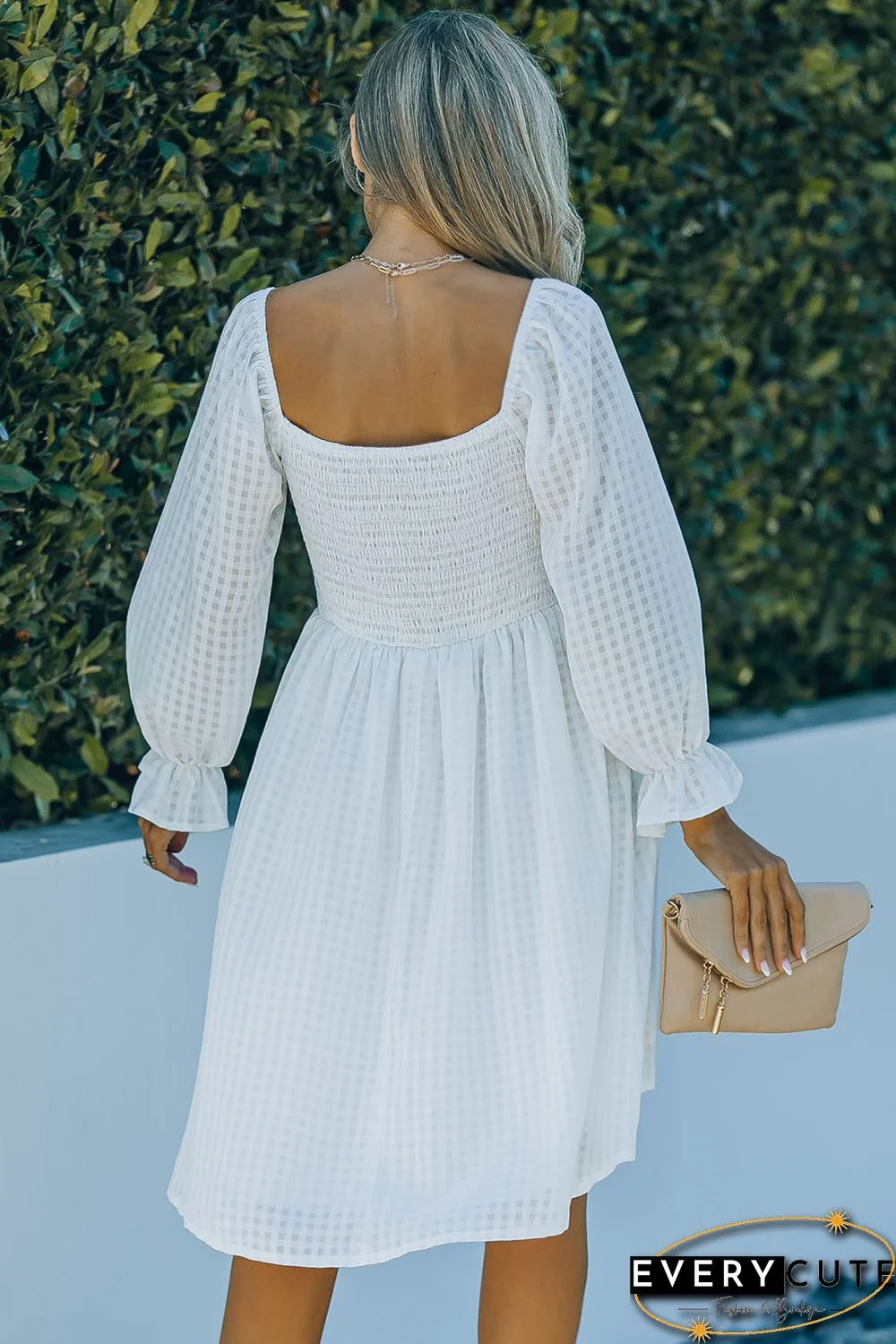 White Square Neck Smocked Back A-line Dress